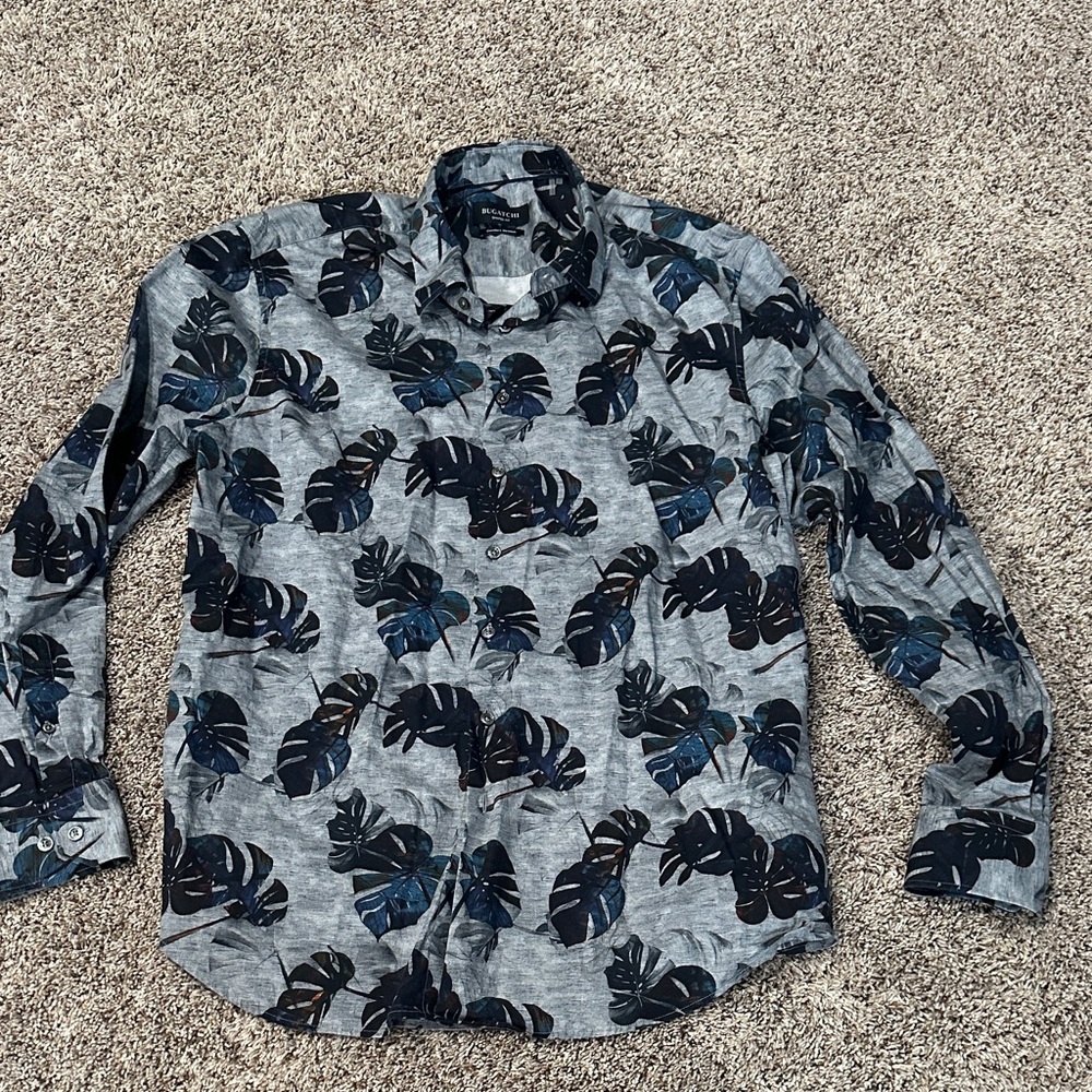 Bugatchi Men's Long Sleeve Button Up Dress Shirt Gray & Blue Size XL